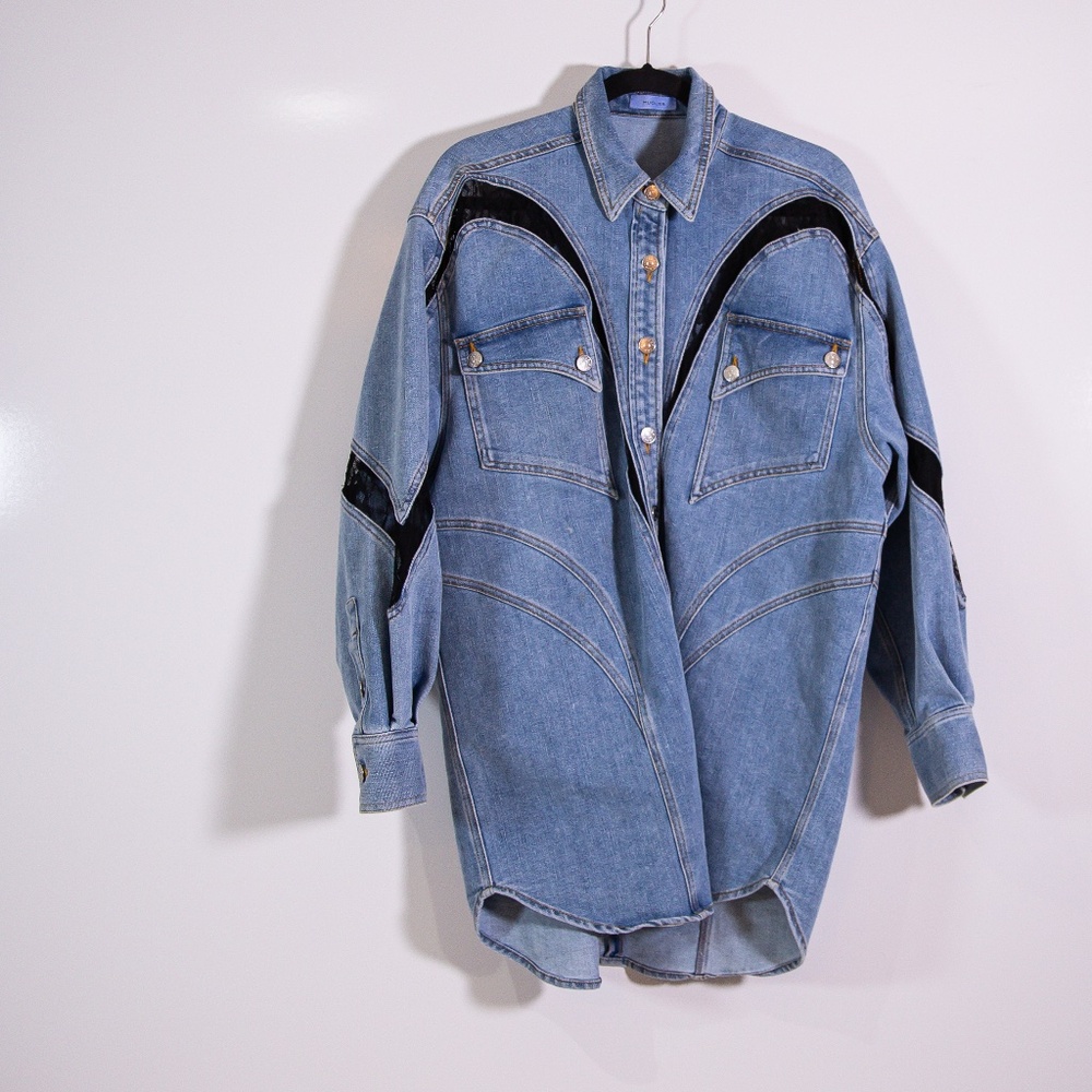 Mugler Oversize Cotton Denim Jean Lace Panel Collared Button Front Shirt Dress S